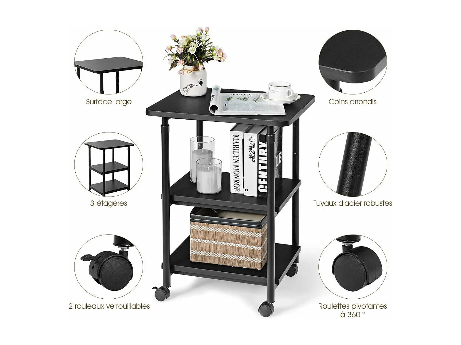 3 Niveaux Support pour Imprimante avec roulettes Pivotantes à 360 ° Mobile Printer Chariot Hauteur du Haut Réglable Conception Peu Encombrante, Assemblage Facile