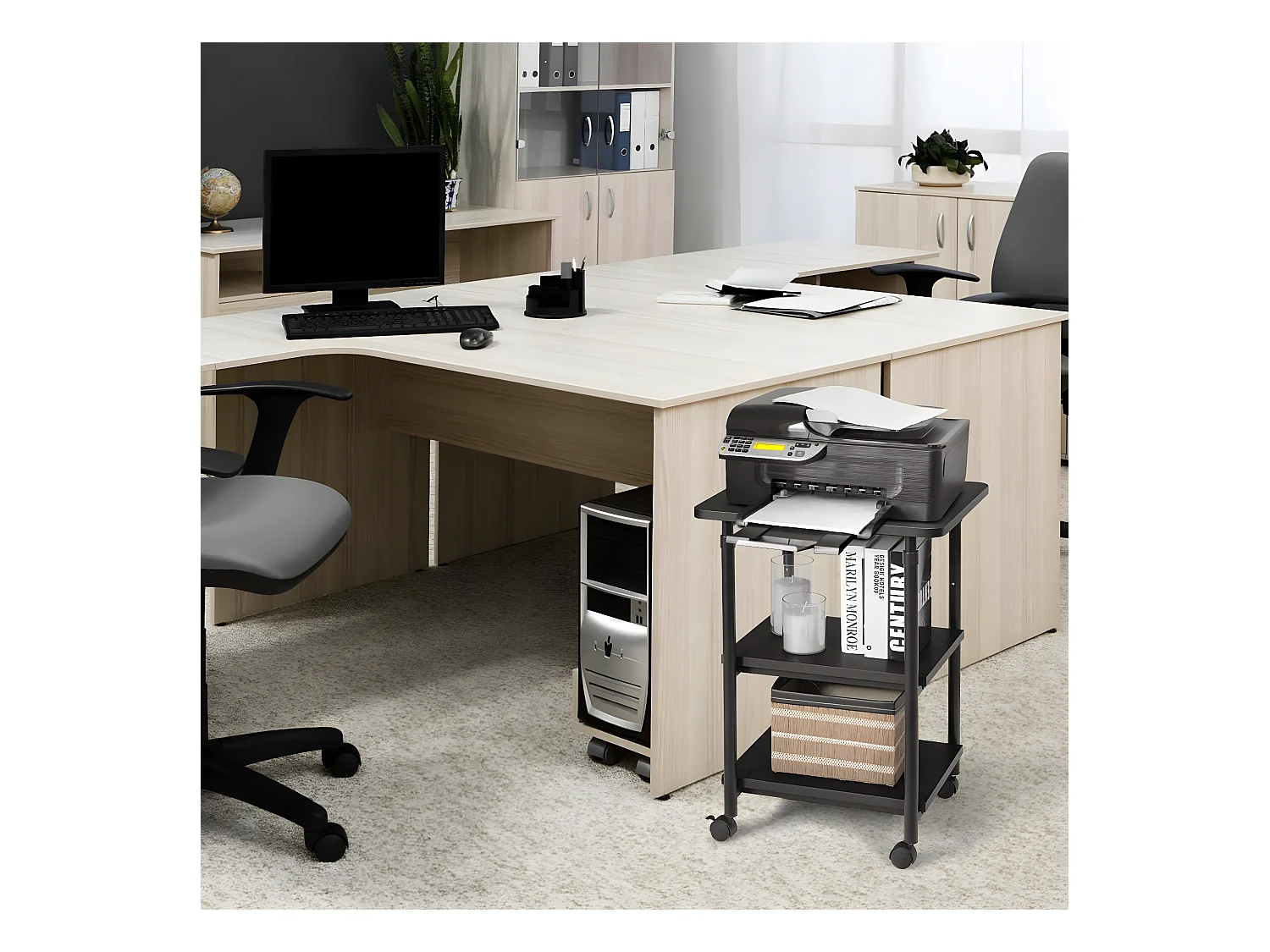 3 Niveaux Support pour Imprimante avec roulettes Pivotantes à 360 ° Mobile Printer Chariot Hauteur du Haut Réglable Conception Peu Encombrante, Assemblage Facile