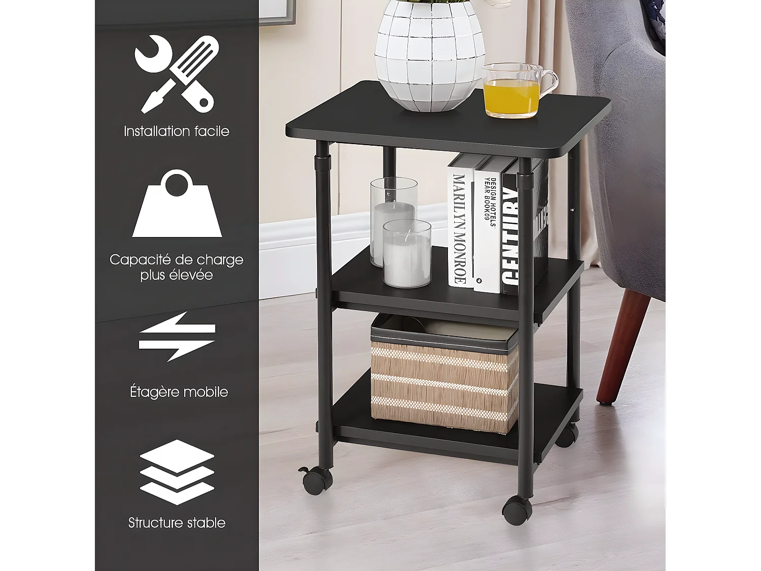 3 Niveaux Support pour Imprimante avec roulettes Pivotantes à 360 ° Mobile Printer Chariot Hauteur du Haut Réglable Conception Peu Encombrante, Assemblage Facile