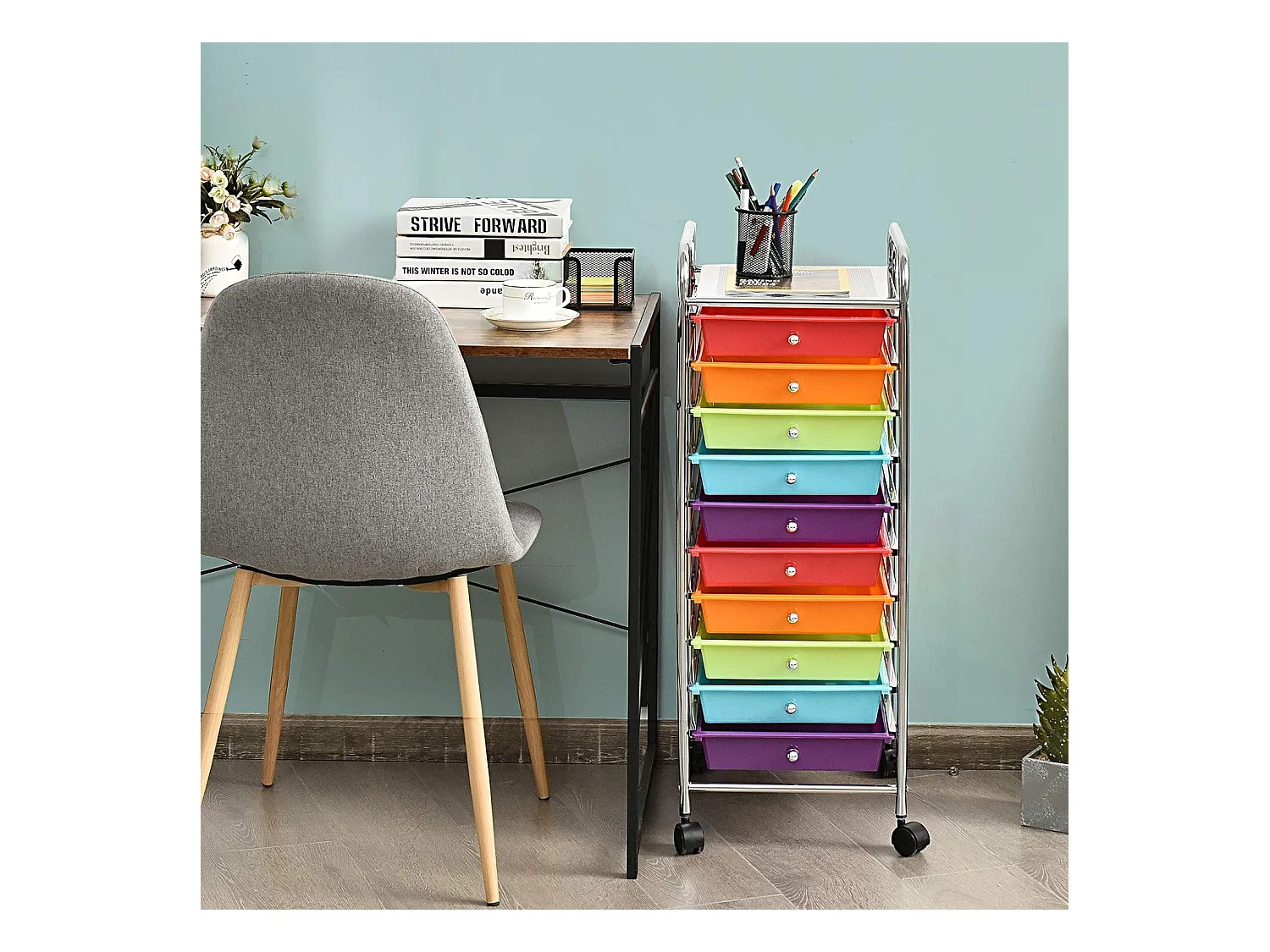 Tour de rangement plastique à tiroirs rangement pour bureau amovibles avec roulettes 32.5 x 37 x 86 cm