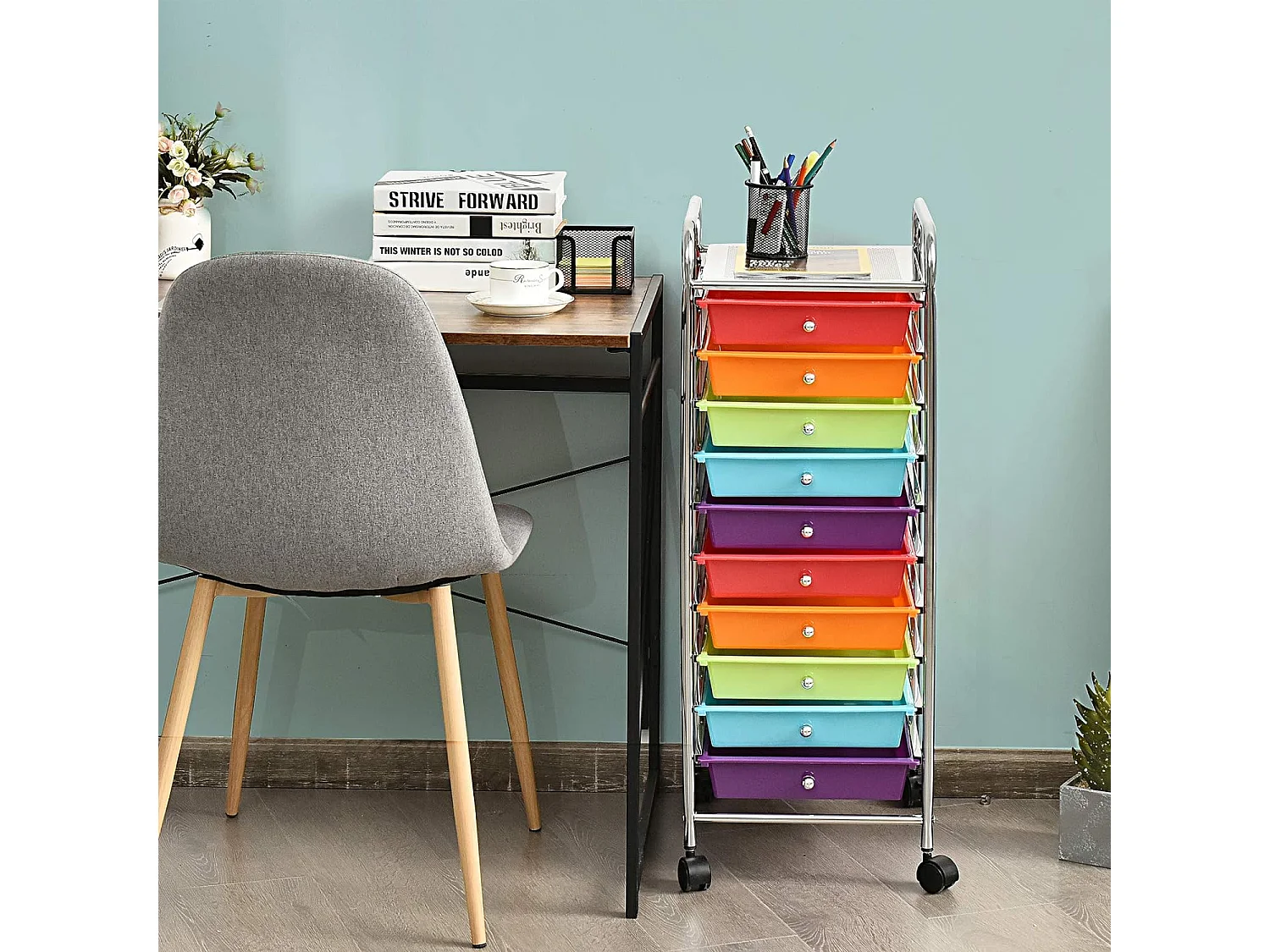 Tour de rangement plastique à tiroirs rangement pour bureau amovibles avec roulettes 32.5 x 37 x 86 cm