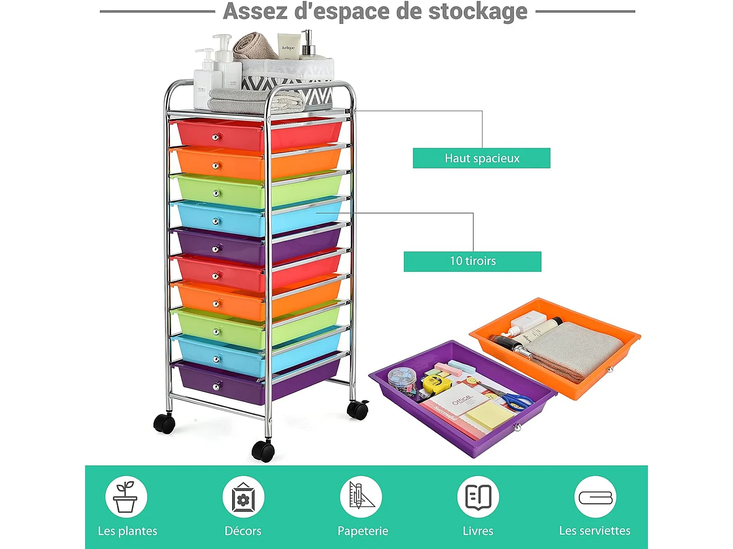 Tour de rangement plastique à tiroirs rangement pour bureau amovibles avec roulettes 32.5 x 37 x 86 cm