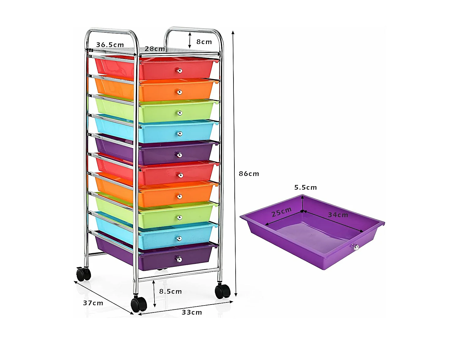 Tour de rangement plastique à tiroirs rangement pour bureau amovibles avec roulettes 32.5 x 37 x 86 cm