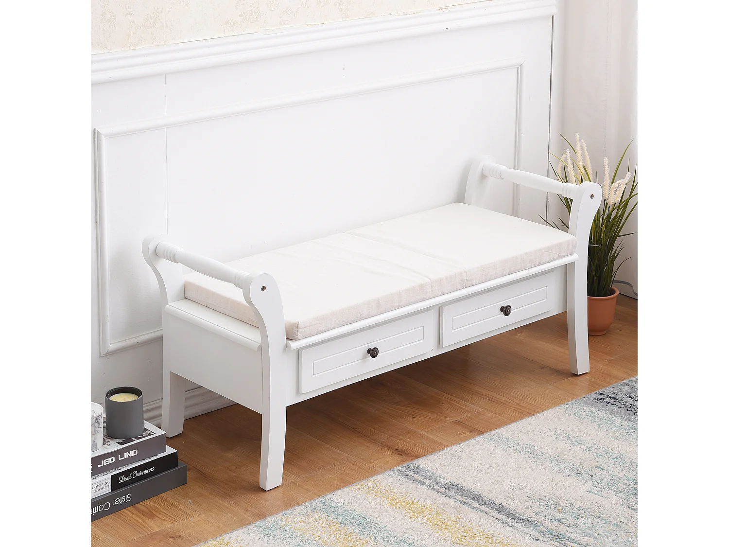 Mobili Rebecca Banc de Jardin Coffre 2 Tiroir Bois Blanc Provençal 47,5x108,5x40