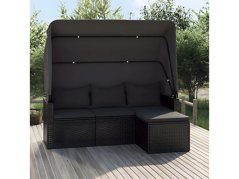 Canapé de jardin 3 places avec toit et repose-pieds Noir