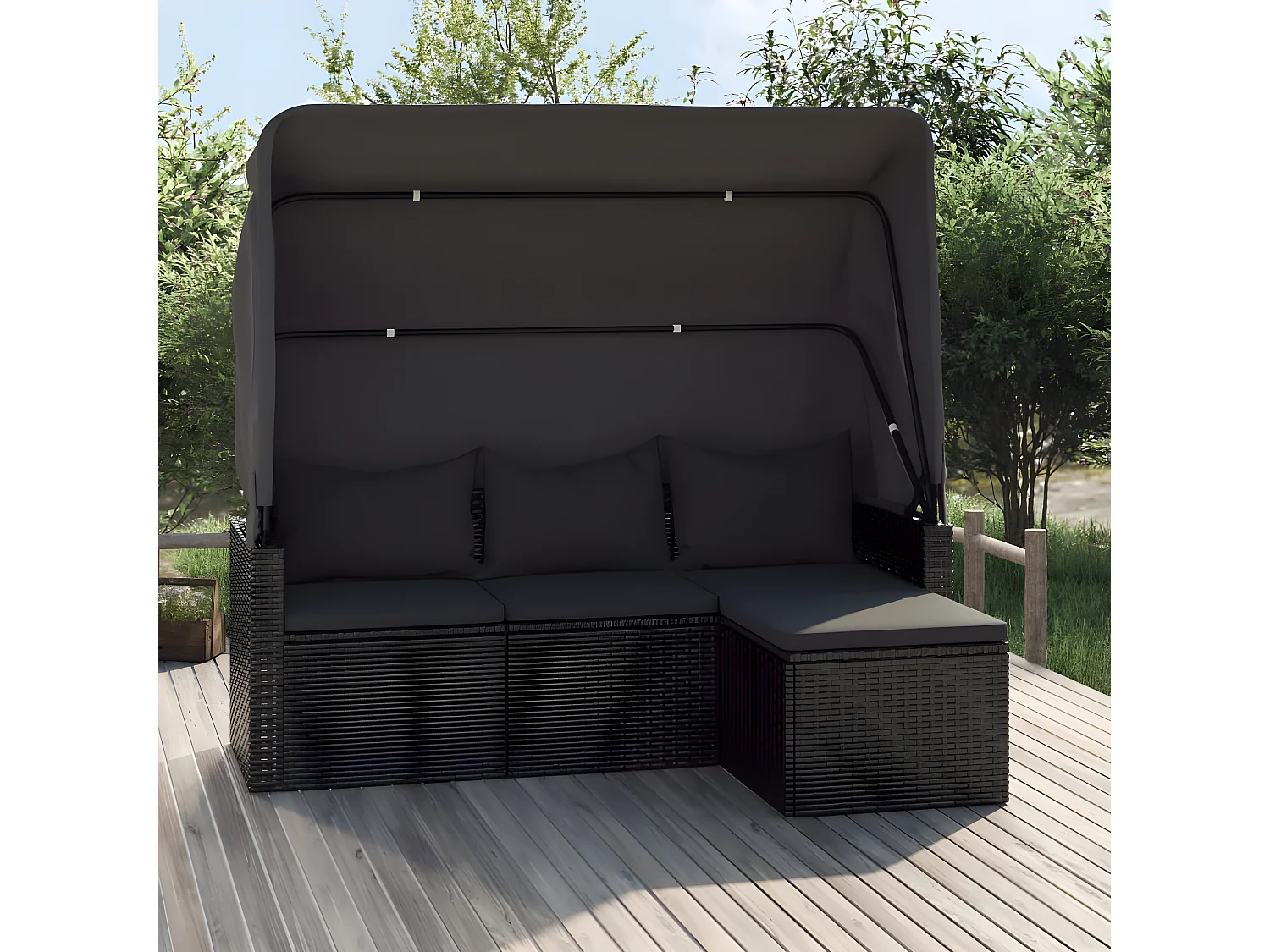 3-zits tuinbank met dak en voetensteun Zwart