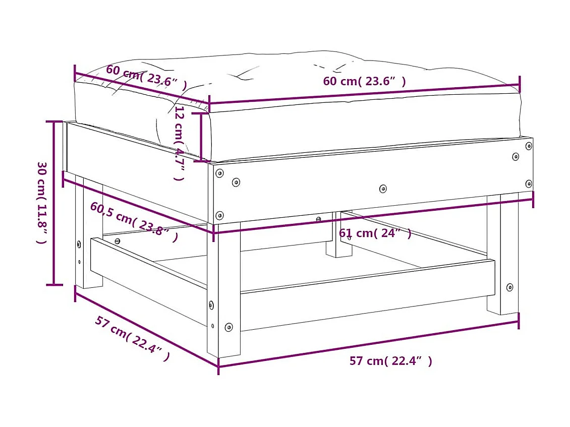Repose-pieds de jardin coussins lot de 2 noir bois pin massif