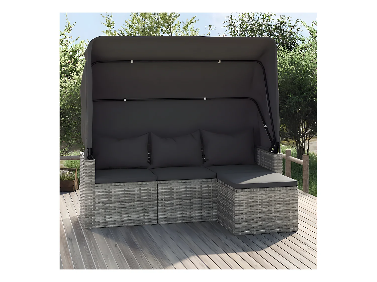 Canapé de jardin 3 places avec toit et repose-pieds Gris