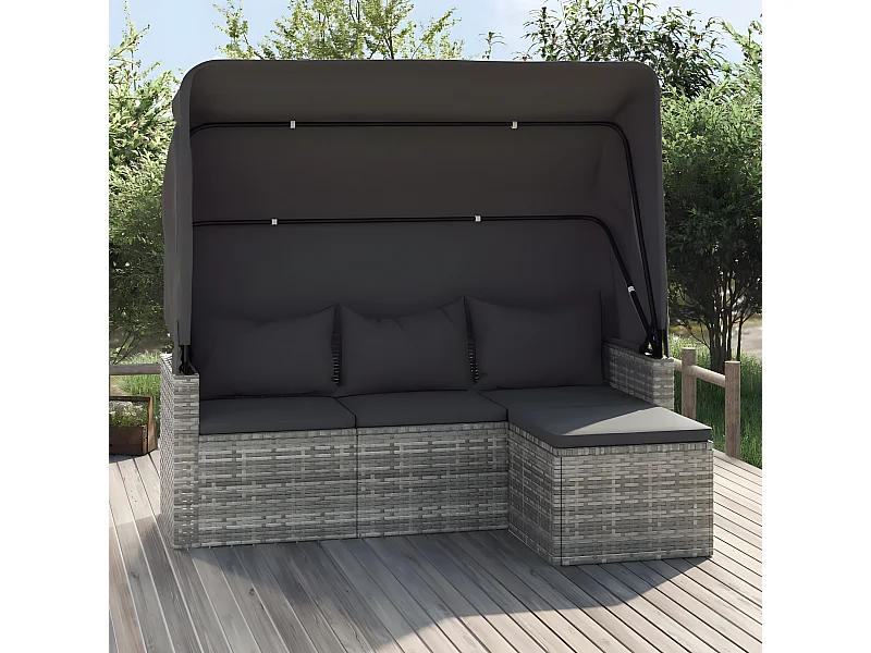Canapé de jardin 3 places avec toit et repose-pieds Gris