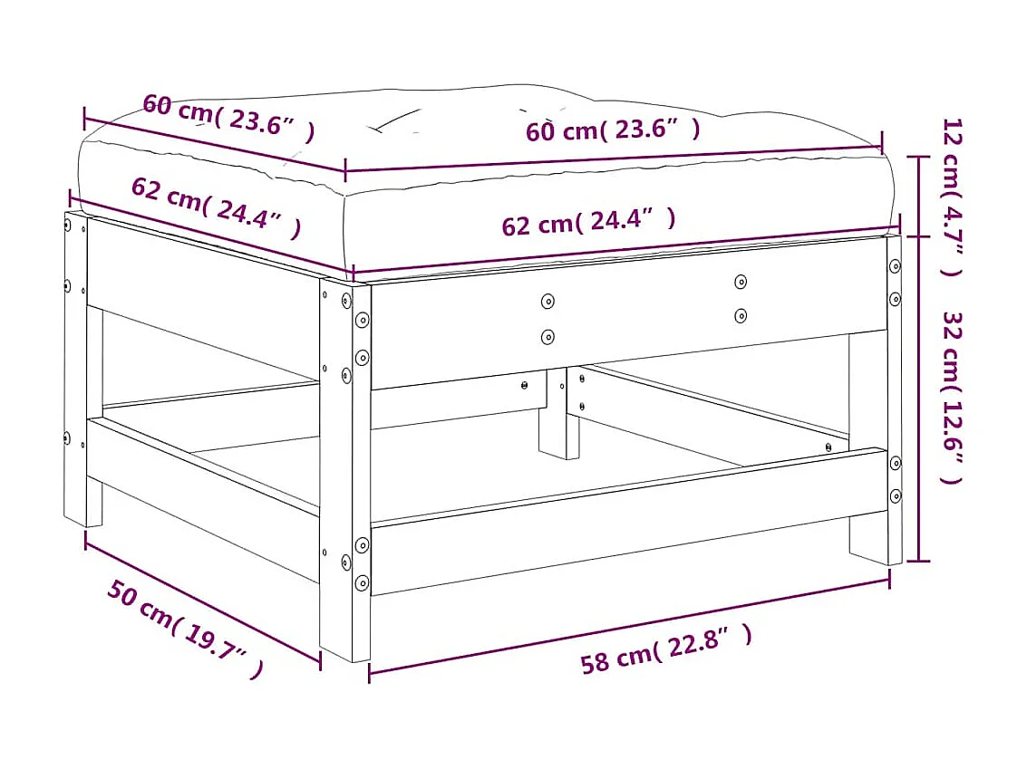 Repose-pied de jardin avec coussin noir bois de pin massif