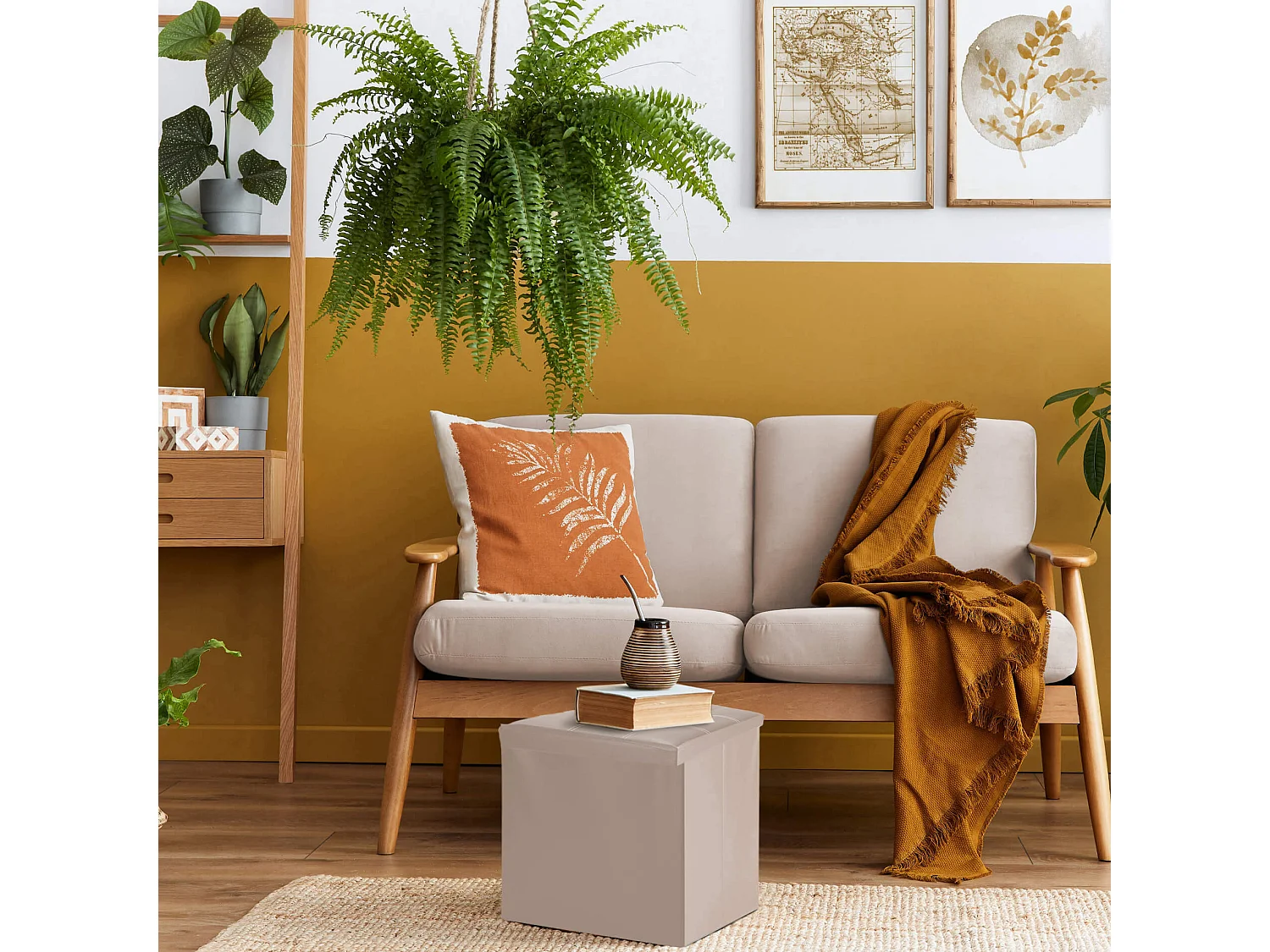 Rebecca Mobili Puff Contenedor Taburete Asiento Beige Moderno 30x30x30