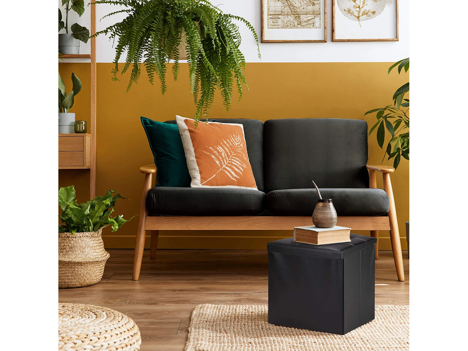 Mobili Rebecca Pouf Coffre de Rangement Carre Synthétique Noir 30x30x30