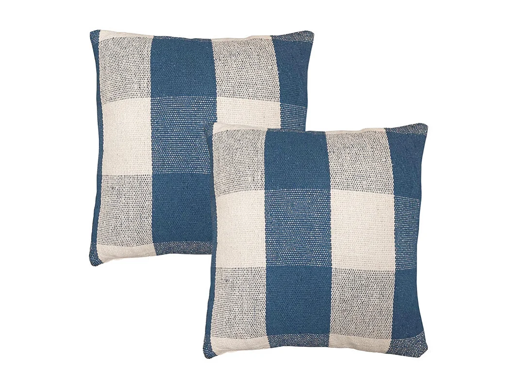 Lot 2 coussins carrés 40 x 40 cm coton brodé de carreaux bleu - ATLAS