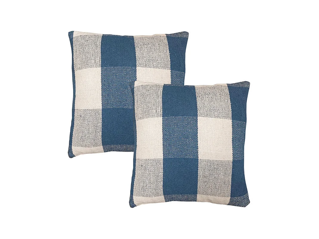 Lot 2 coussins carrés 40 x 40 cm coton brodé de carreaux bleu - ATLAS
