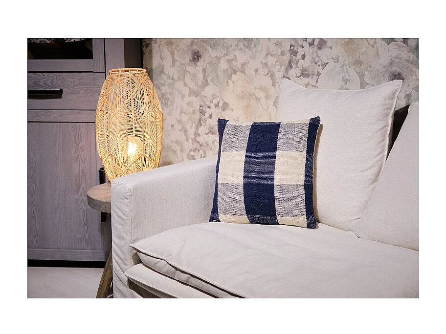 Coussin carré 40 x 40 cm coton brodé avec carreaux bleu – ATLAS