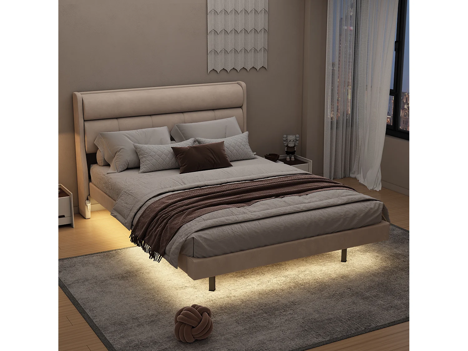 Volwassen bed in fluweel en MDF - 140x200cm - met lattenbodem - Beige