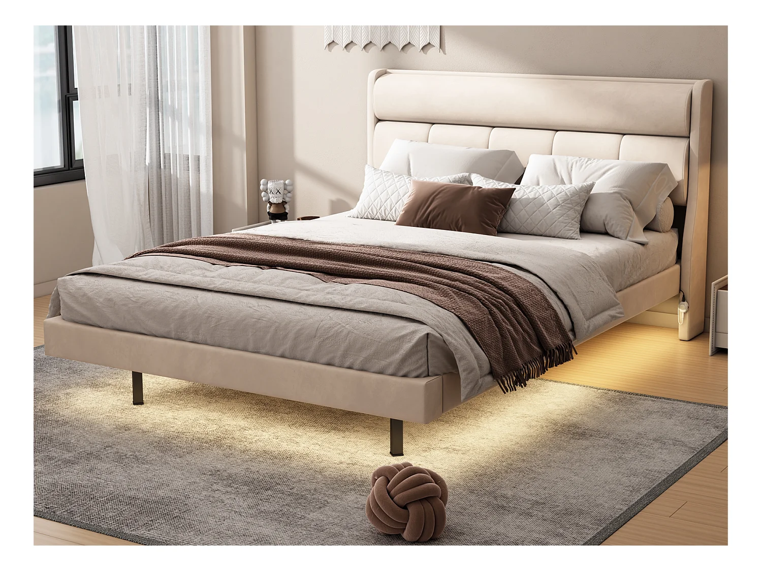 Volwassen bed in fluweel en MDF - 140x200cm - met lattenbodem - Beige