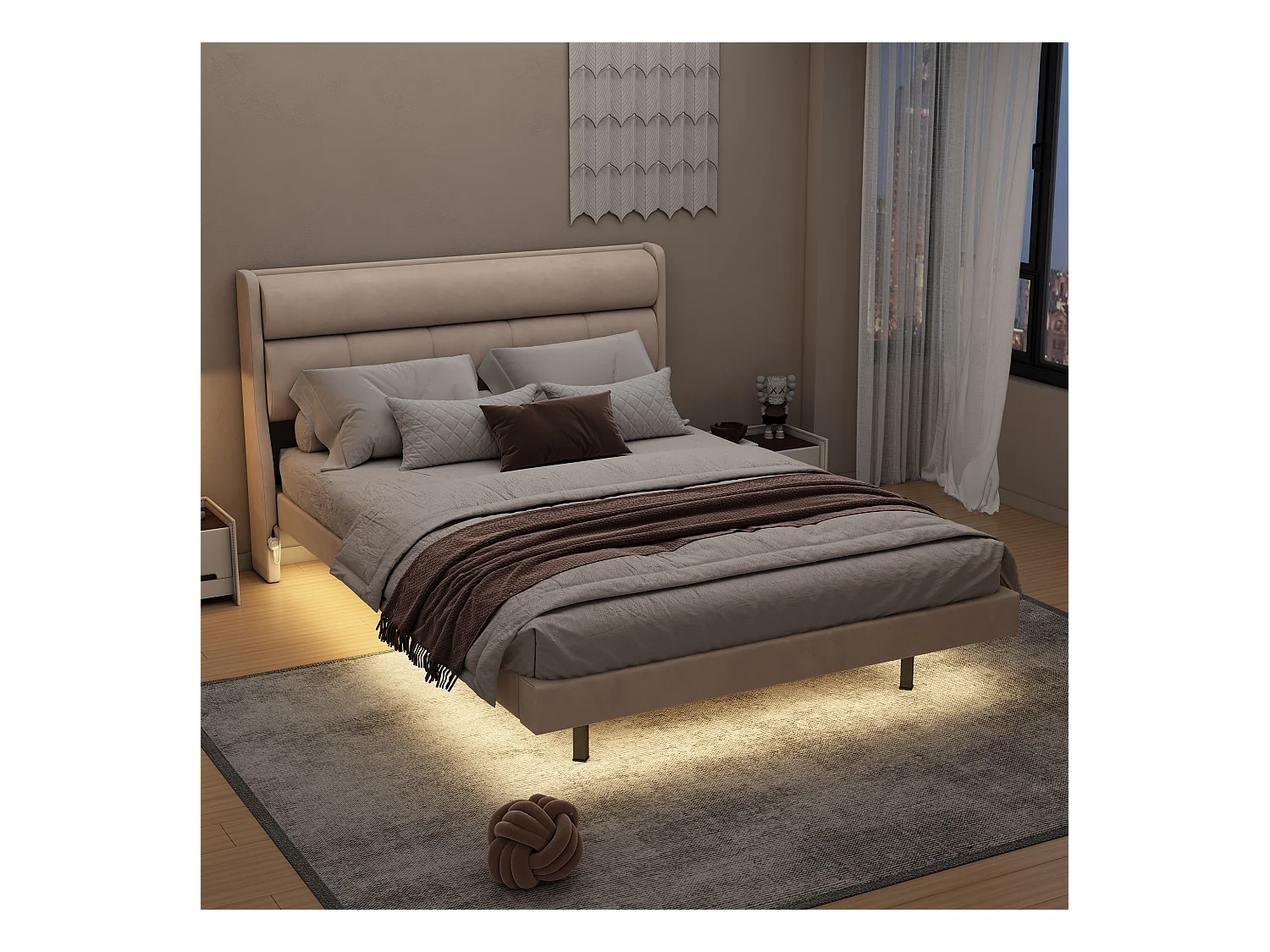 Lit adulte en velours et MDF - 140x200cm - avec sommier à lattes - Beige