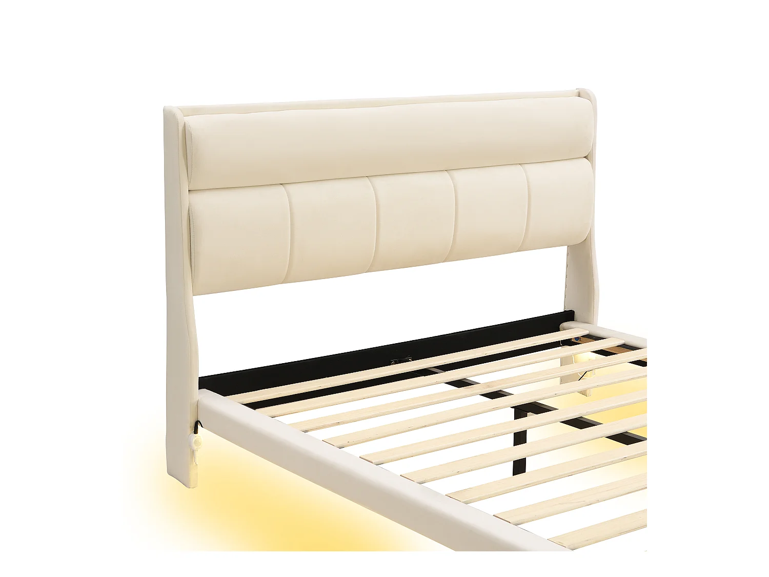 Lit adulte en velours et MDF - 140x200cm - avec sommier à lattes - Beige
