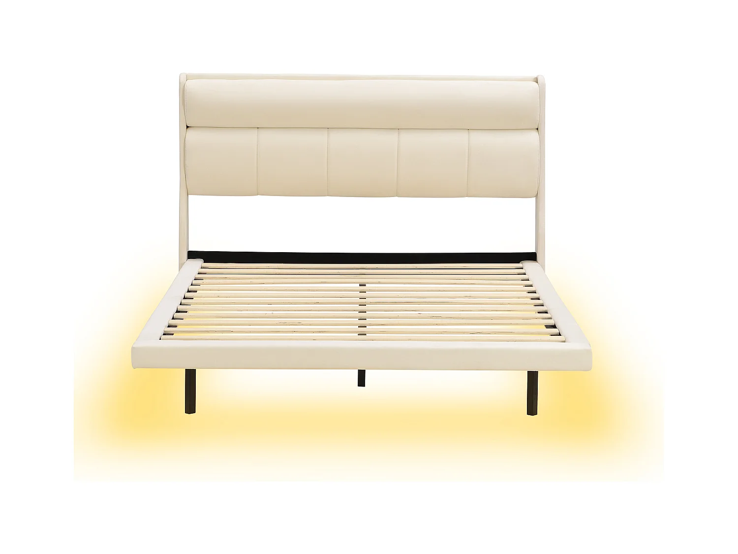 Lit adulte en velours et MDF - 140x200cm - avec sommier à lattes - Beige