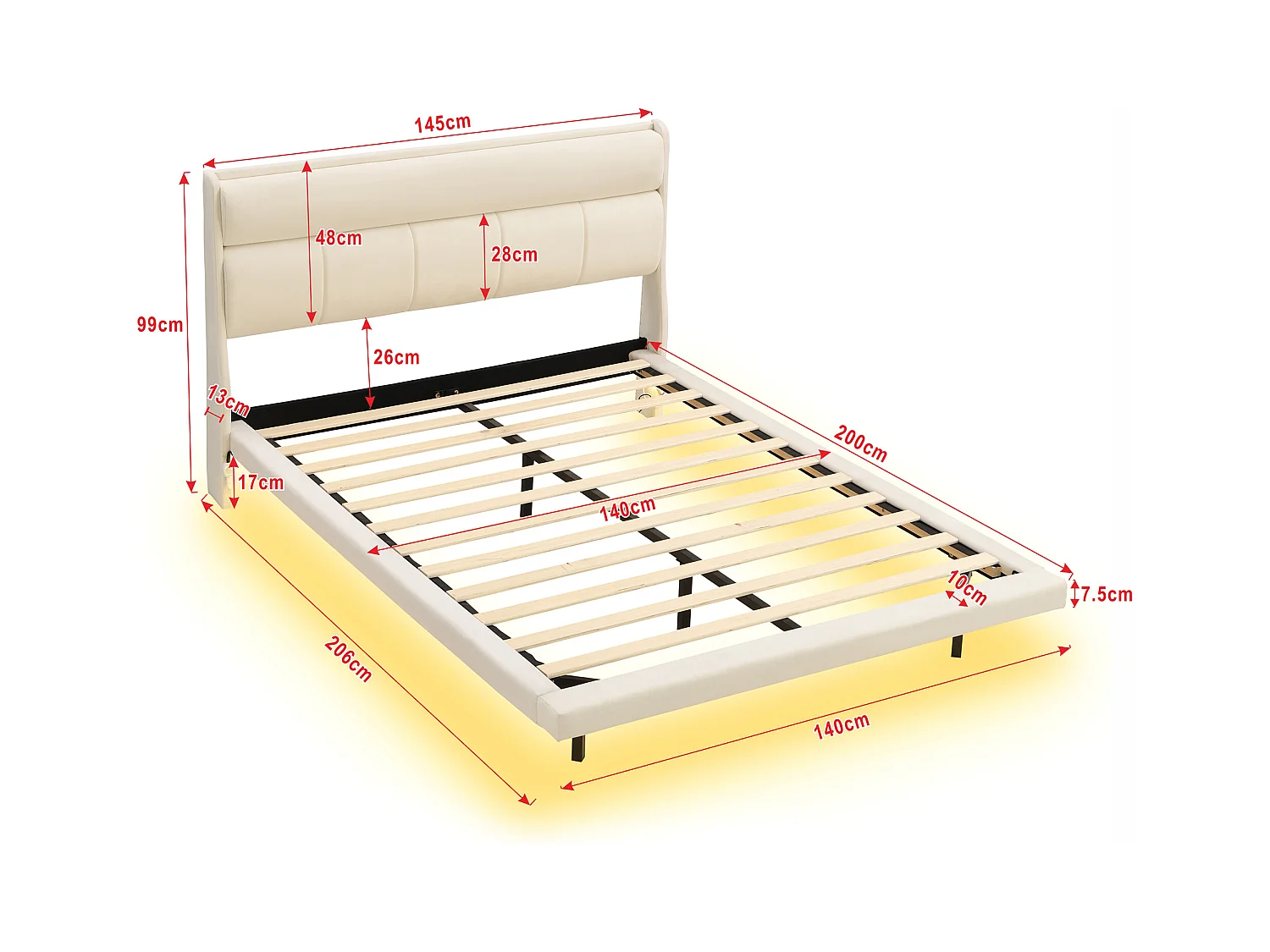 Lit adulte en velours et MDF - 140x200cm - avec sommier à lattes - Beige