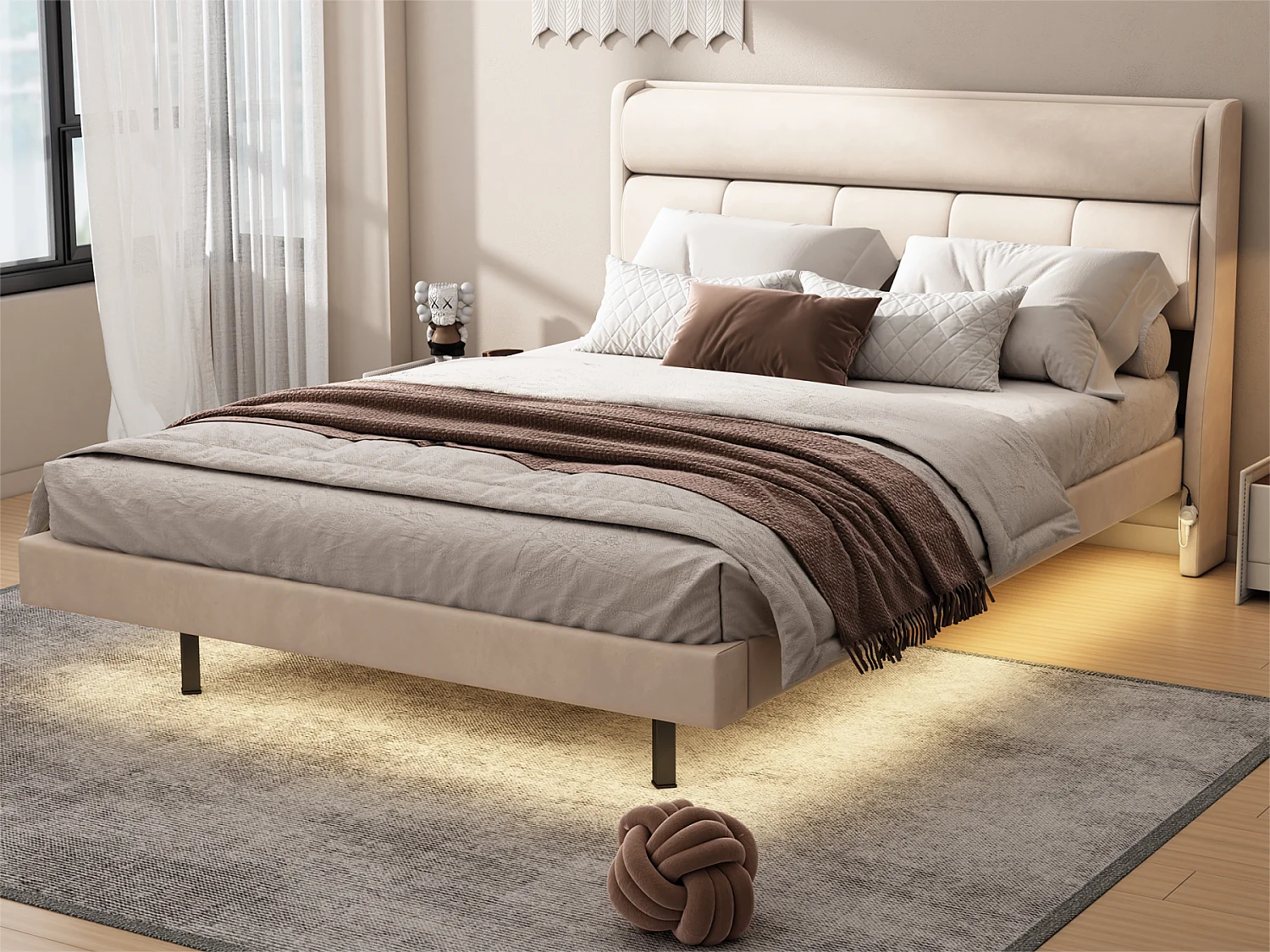 Lit adulte en velours et MDF - 140x200cm - avec sommier à lattes - Beige