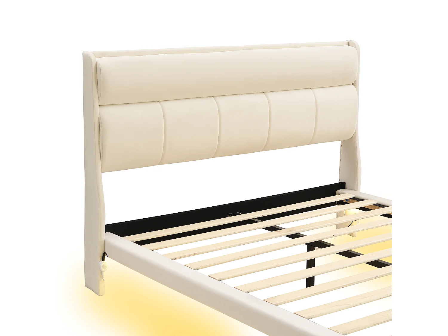 Lit adulte en velours et MDF - 140x200cm - avec sommier à lattes - Beige