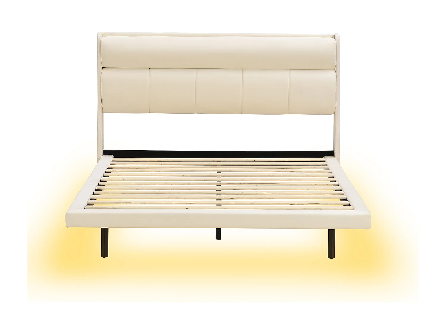 Lit adulte en velours et MDF - 140x200cm - avec sommier à lattes - Beige