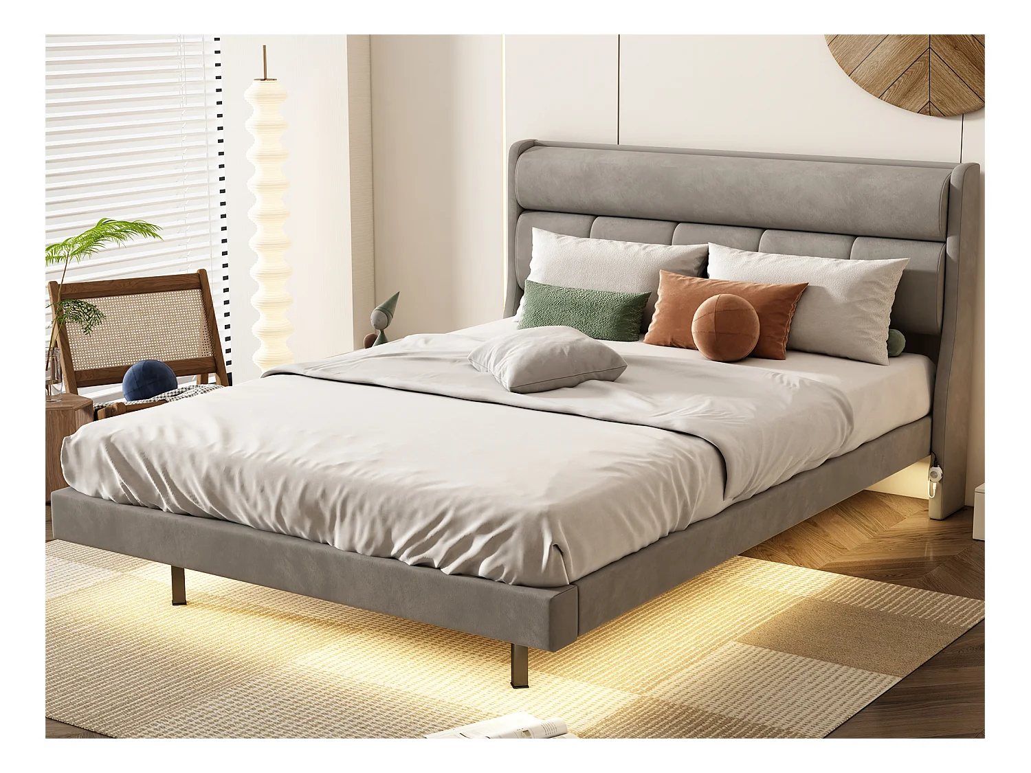 Volwassen bed in fluweel en MDF - 140x200cm - met lattenbodem - Grijs