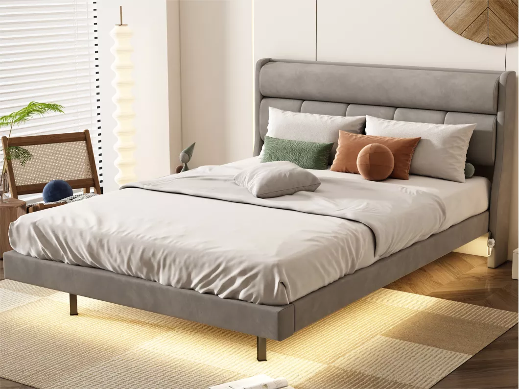 Kauf Unique Erwachsenenbett aus Samt und MDF – 140 x 200 cm – mit Lattenrost – Grau