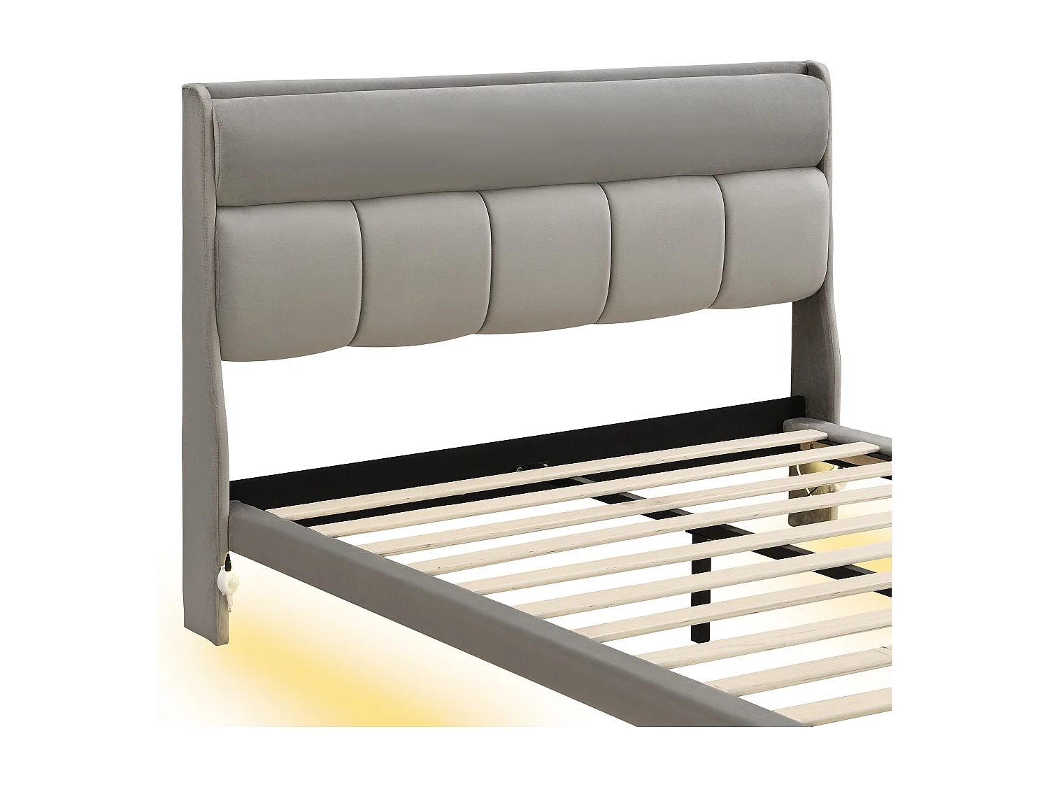 Volwassen bed in fluweel en MDF - 140x200cm - met lattenbodem - Grijs