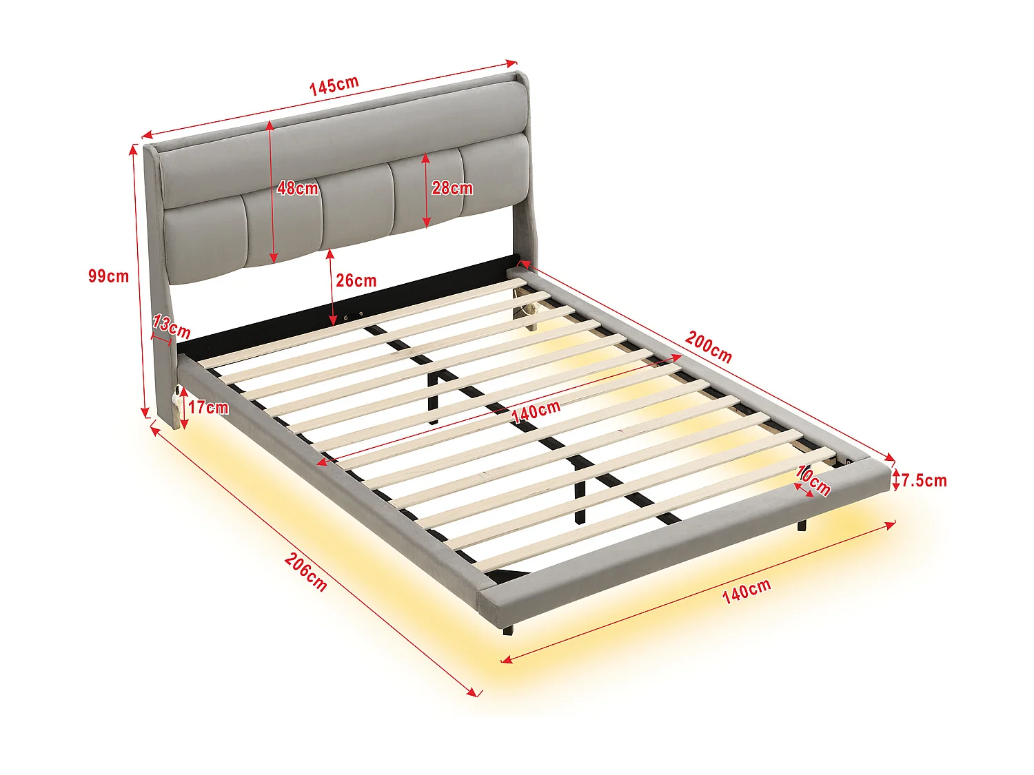 Volwassen bed in fluweel en MDF - 140x200cm - met lattenbodem - Grijs