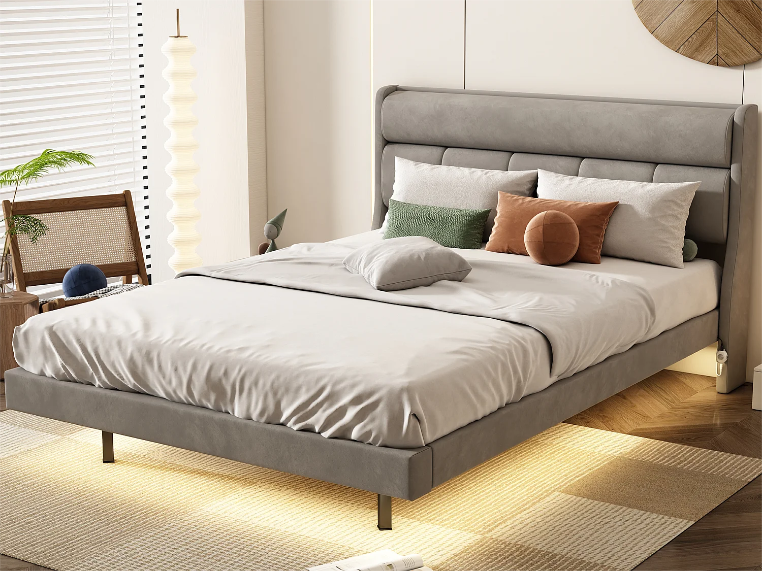 Cama de adulto em veludo e MDF - 140x200cm - com base de ripas - Cinza