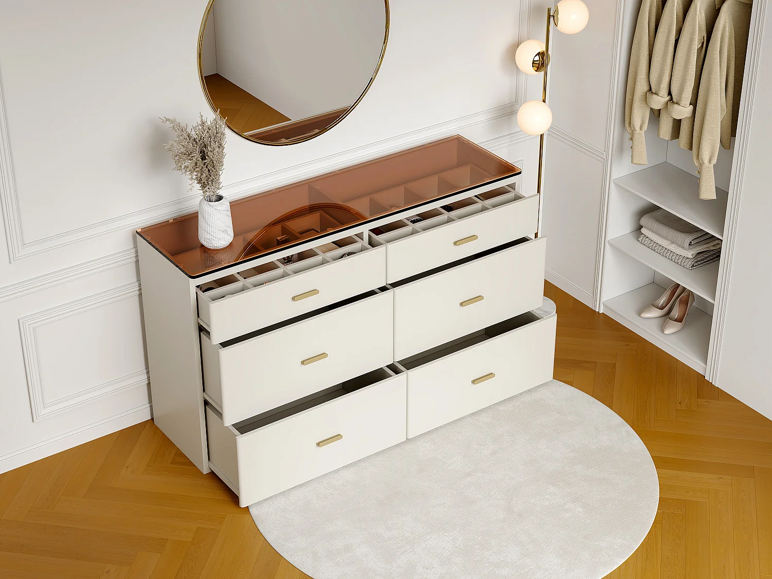 Commode 6 tiroirs - MDF et verre trempé - Blanc laqué et marron - MATIRINA