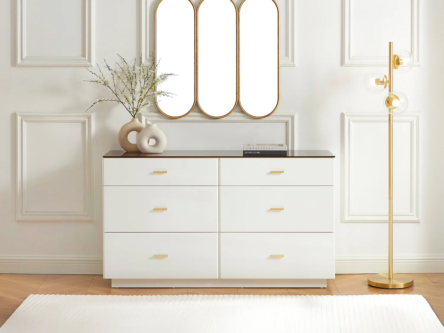 Byrå med 6 lådor - MDF och härdat glas - Högglans vit och brun - MATIRINA