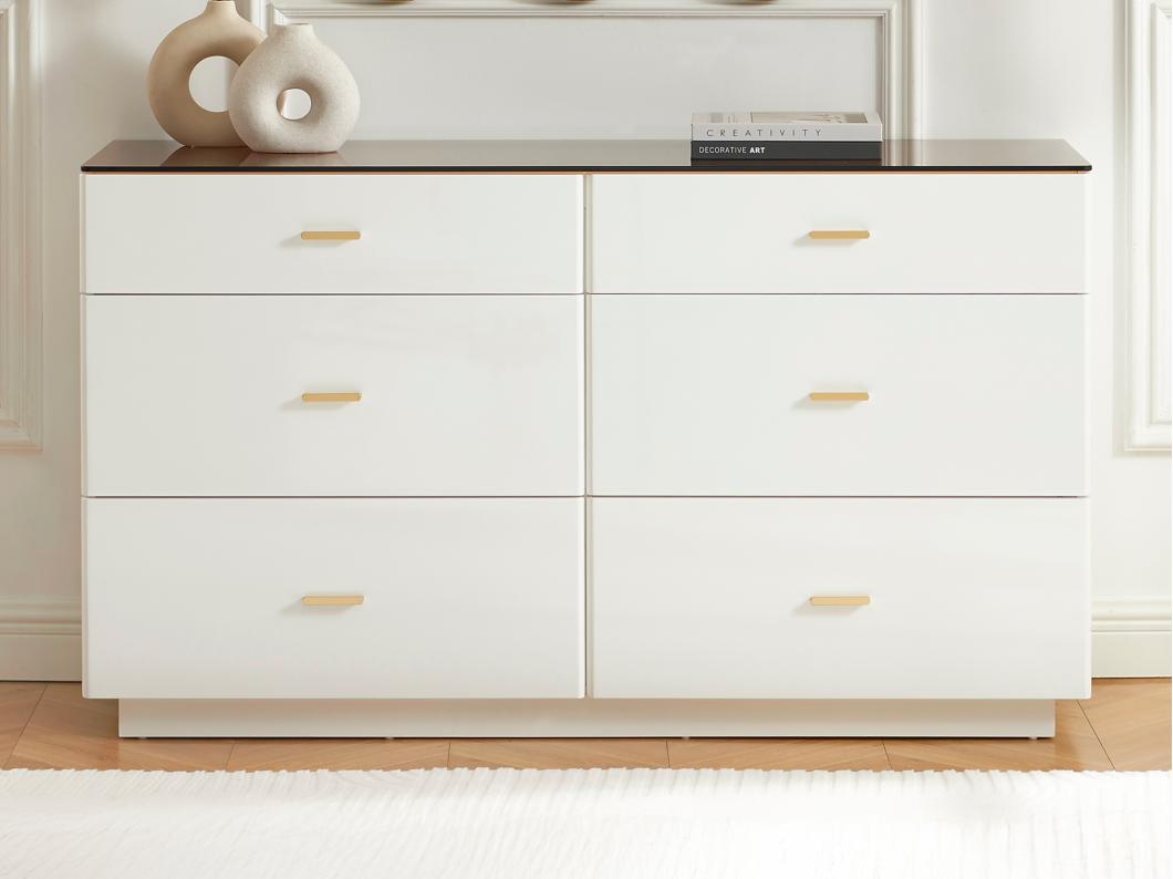 Ladekast met 6 lades - Mdf en gehard glas - Wit gelakt en bruin - MATIRINA