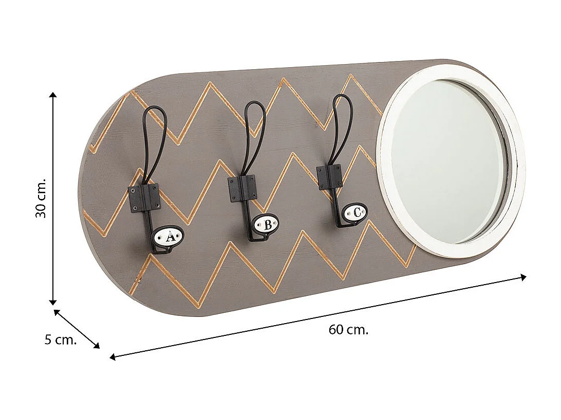 Appendiabiti con specchio in legno e metallo grigio 60x5x30h