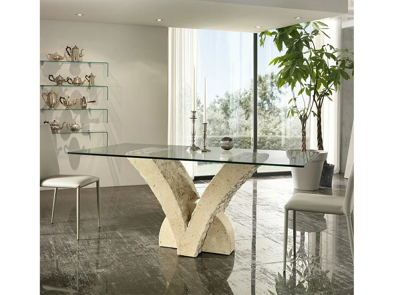 Papillon Table fixe (180 x 100 Transparent) en verre trempé beige