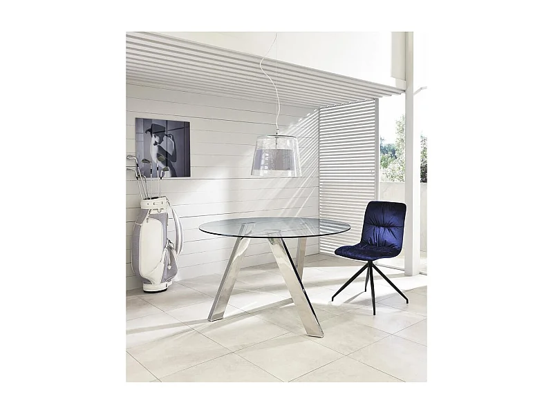 Fester Rondò-Tisch aus gehärtetem Glas und verchromten grauen Beinen