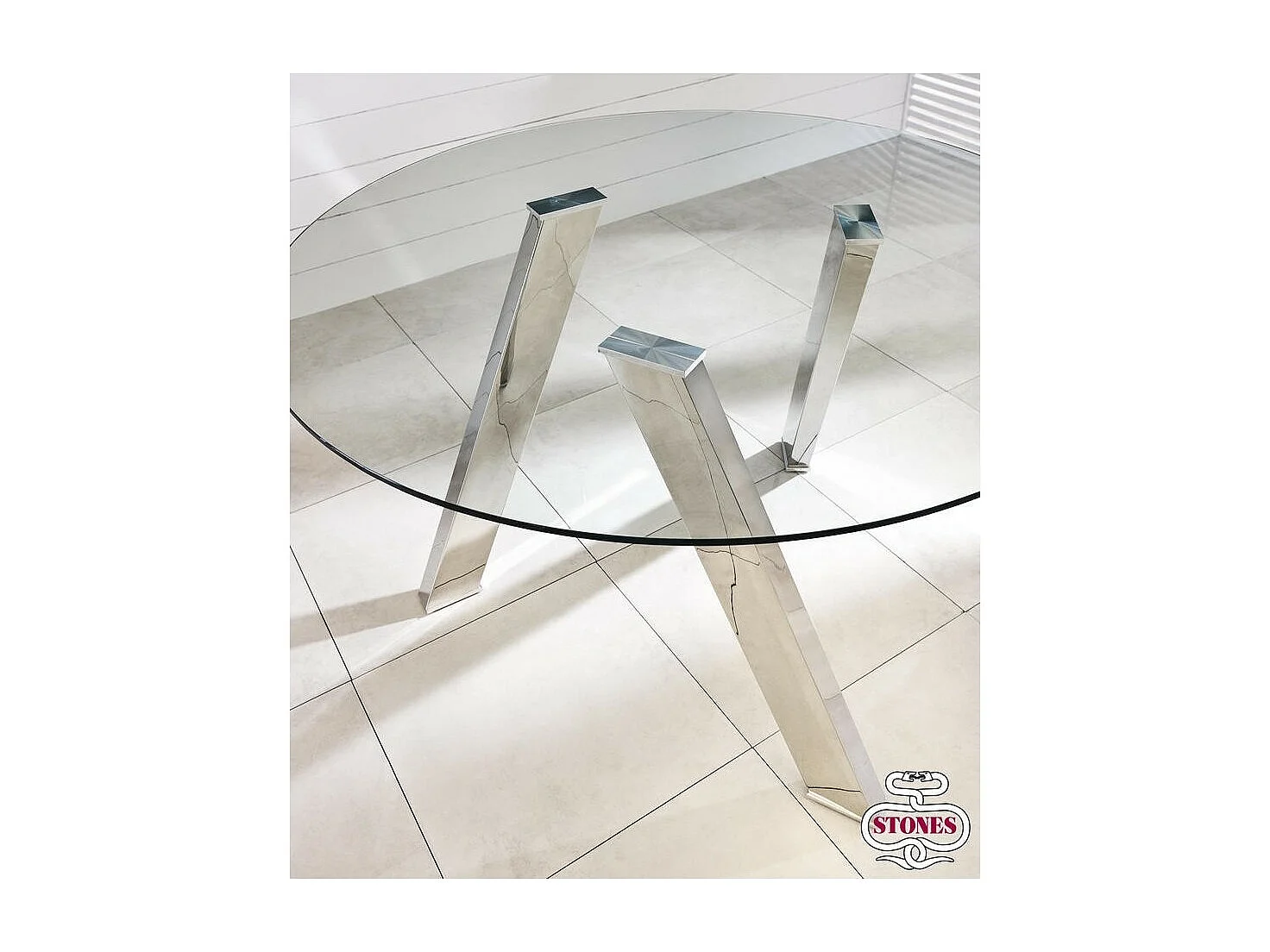 Table Fixe Rondò en Verre Trempé et Pieds Gris Chromés