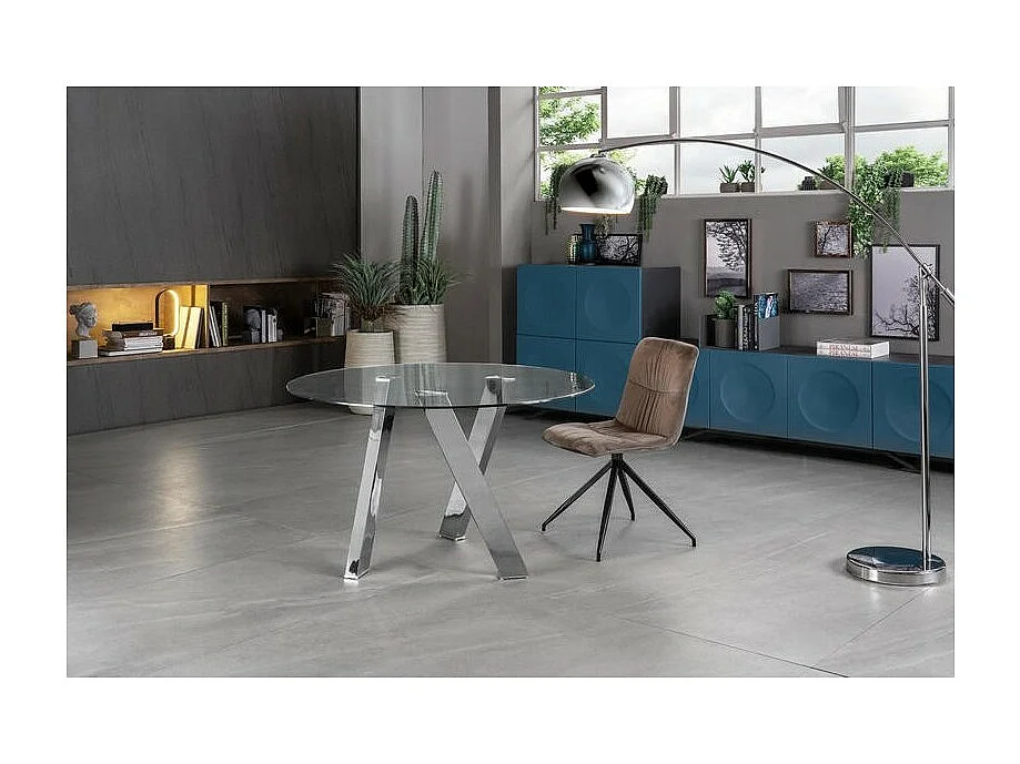 Table Fixe Rondò en Verre Trempé et Pieds Gris Chromés