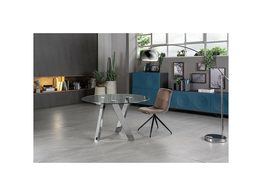 Rondò Vaste tafel van gehard glas en verchroomde grijze poten