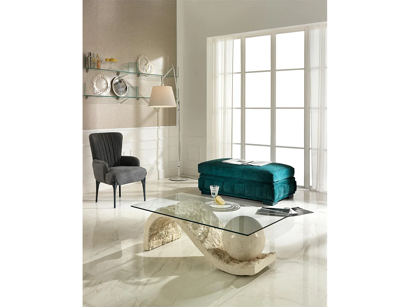 Onda - Couchtisch (120 x 70 - transparent) aus beigem gehärtetem Glas