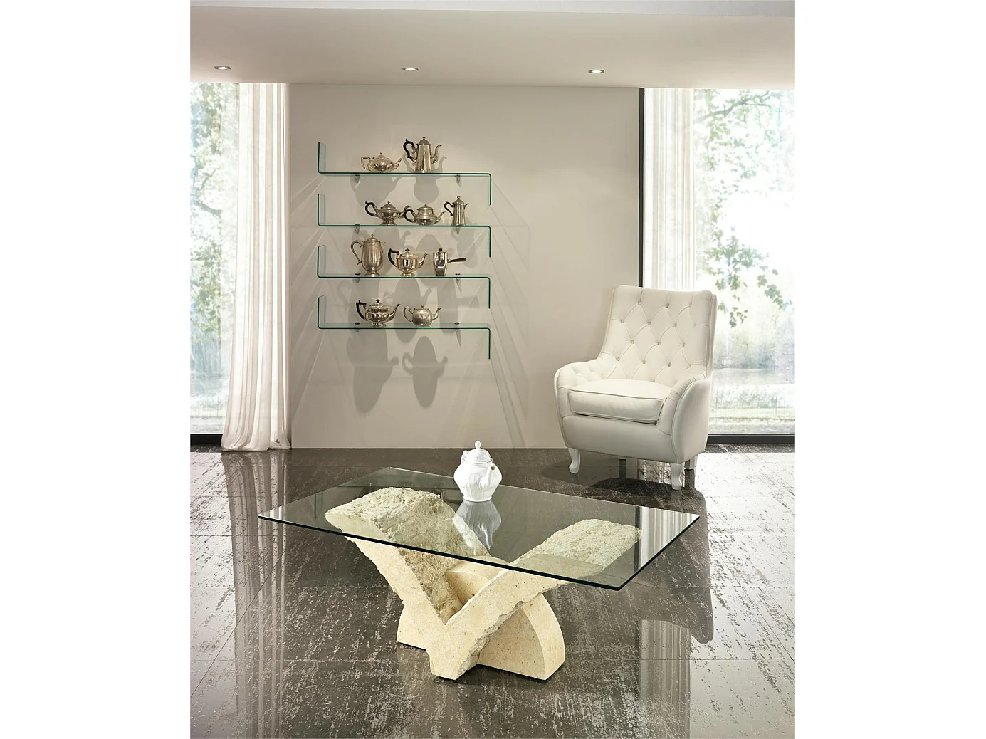 Papillon - Couchtisch (120 x 70 - Transparent) aus beigem Hartglas