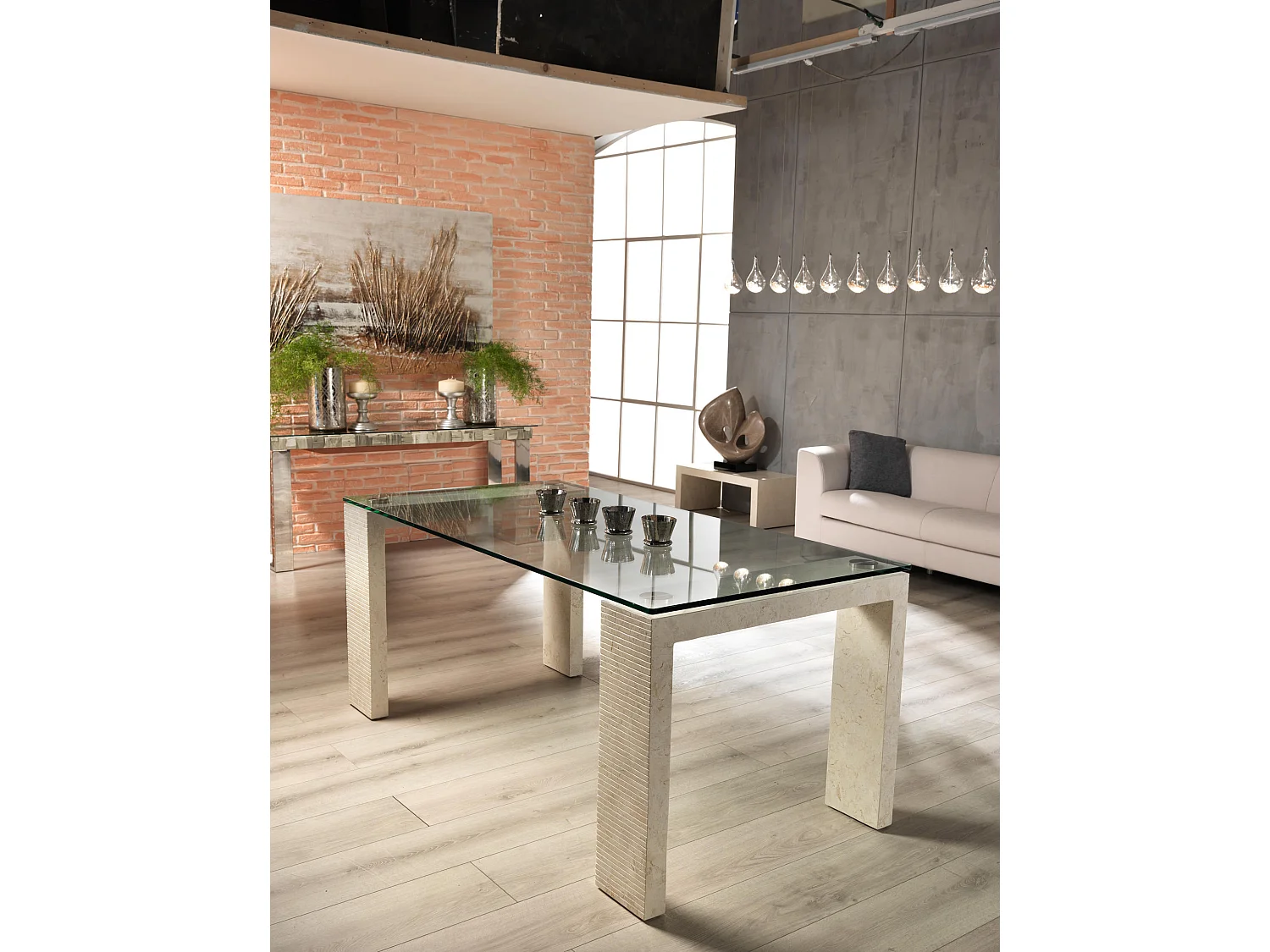 Millerighe - Tavolo fisso (200 x 90 - Trasparente) in vetro temperato beige