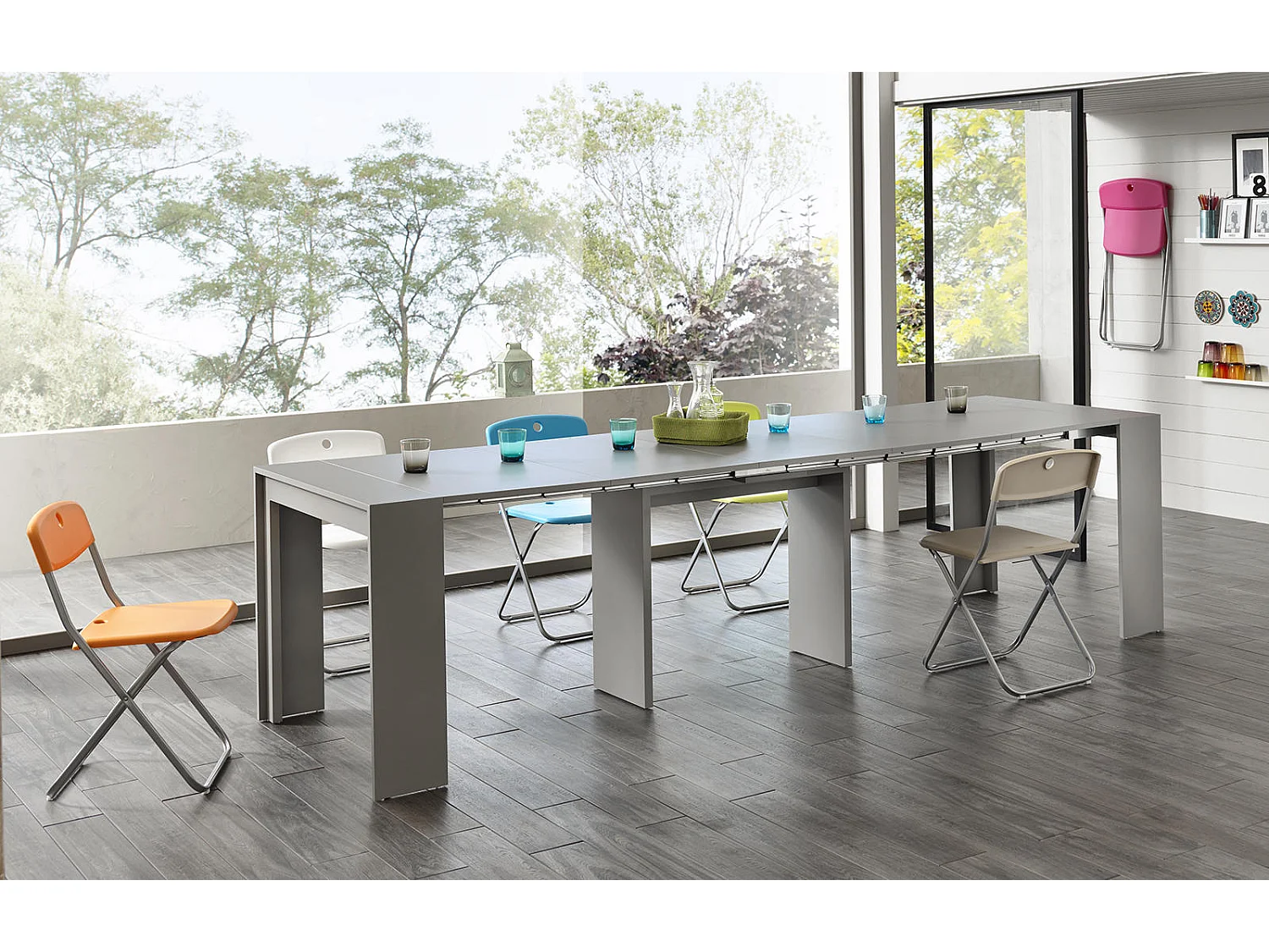 Pinóquio - Consola extensível (42,5/302,5 x 90 cm) em MDF lacado cinza