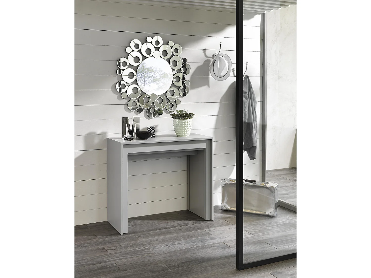 Pinocchio Console extensible (42,5/302,5 x 90 cm) en MDF laqué gris