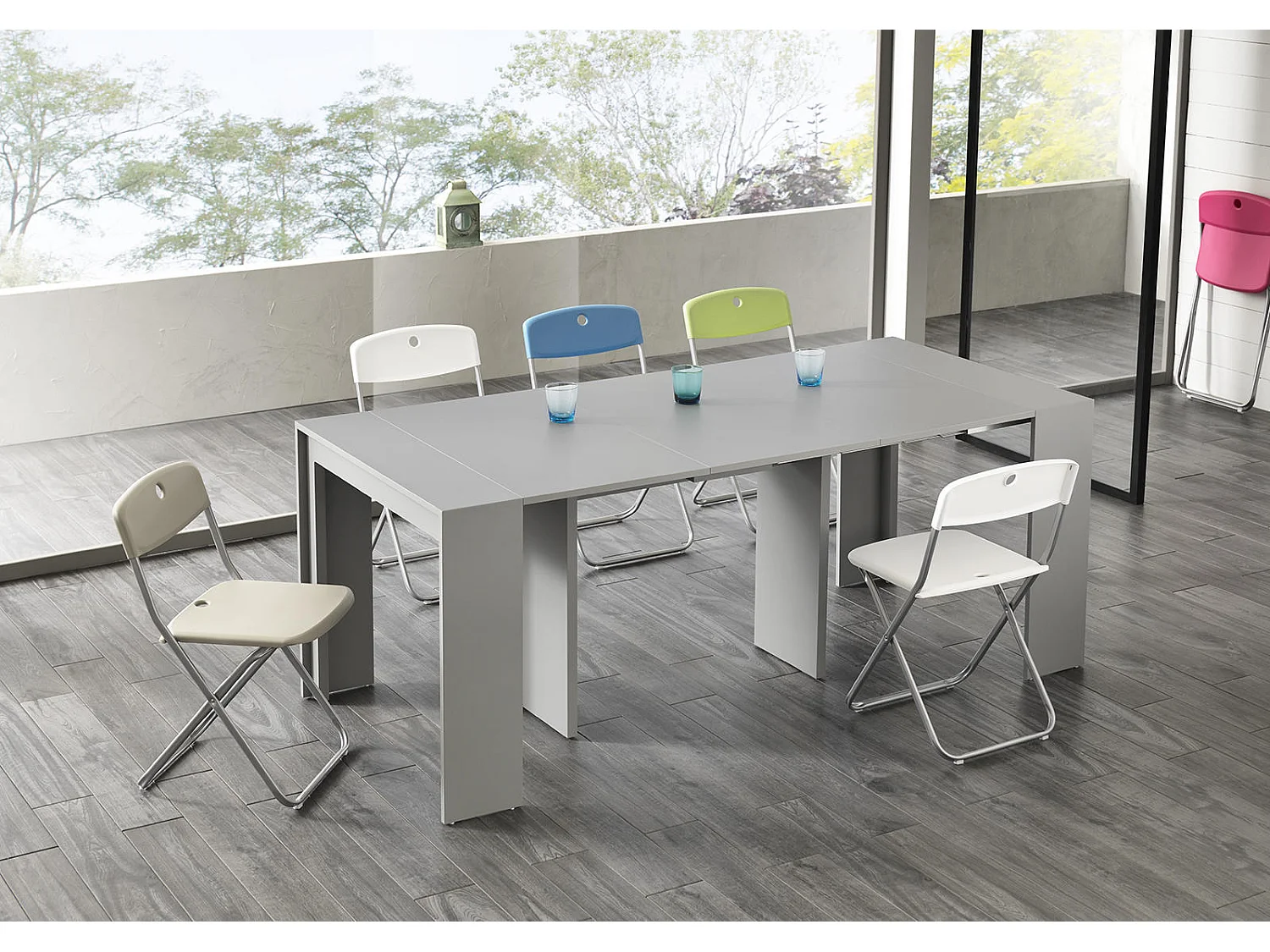 Pinocchio Console extensible (42,5/302,5 x 90 cm) en MDF laqué gris