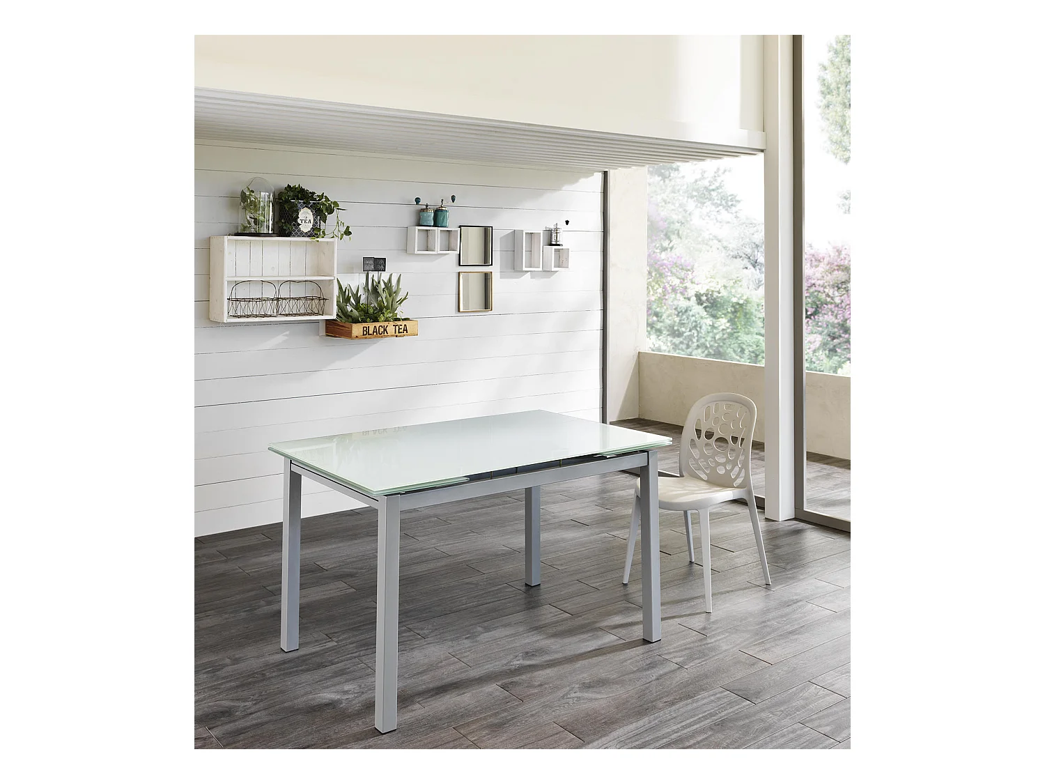 Baud - Mesa extensible (110/170 x 75 cm) en cristal templado blanco
