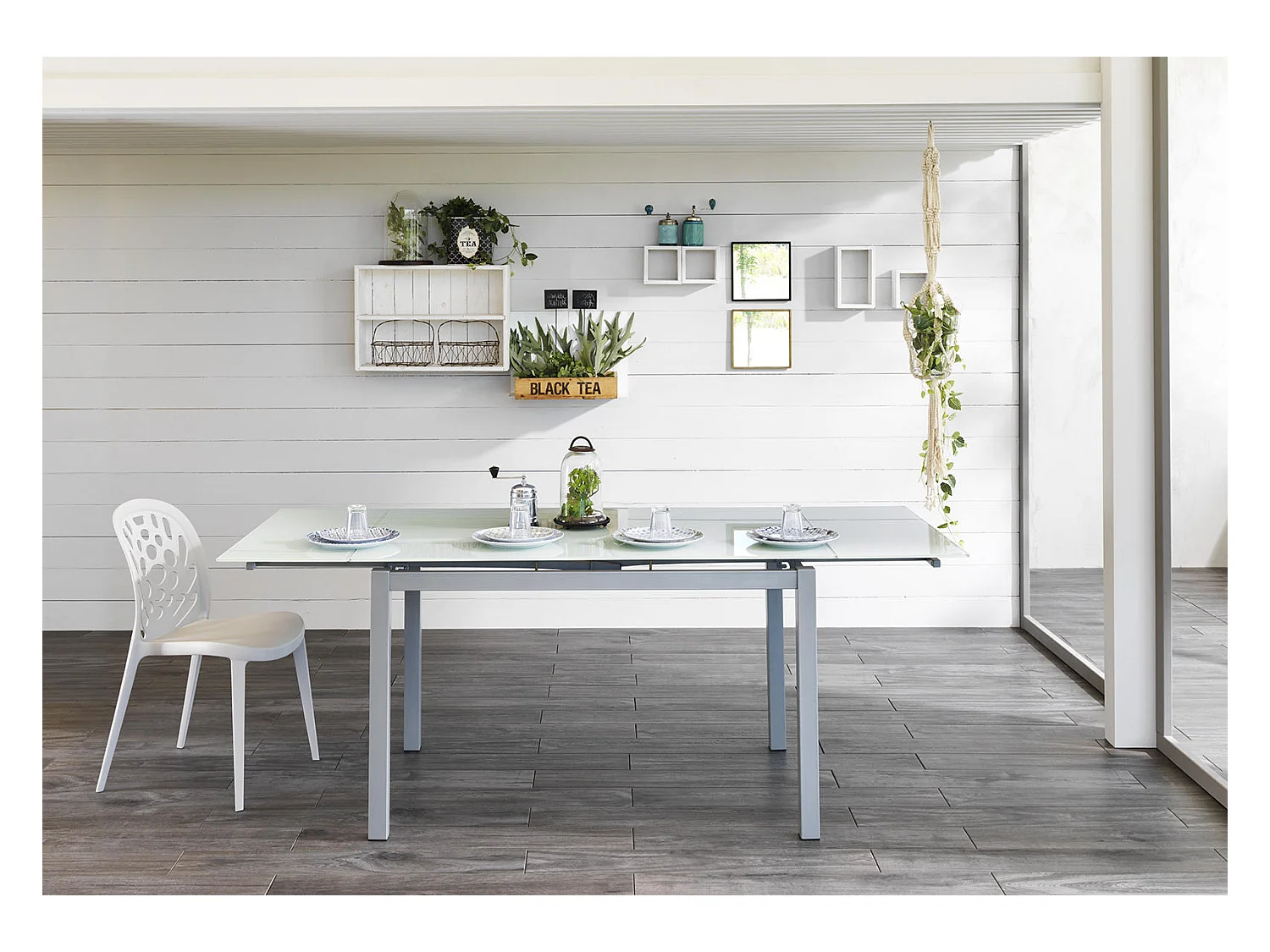 Baud - Mesa extensible (110/170 x 75 cm) en cristal templado blanco